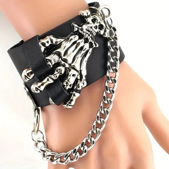 Cuff bracelet Skull & Bone Leather Hand Chain Wrist Bangle Goth Edgy Rock Biker - Picture 1 of 6